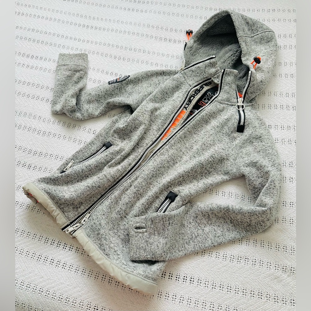 Superdry Gray cold weather Hoodie with Orange Accents and zipper designs